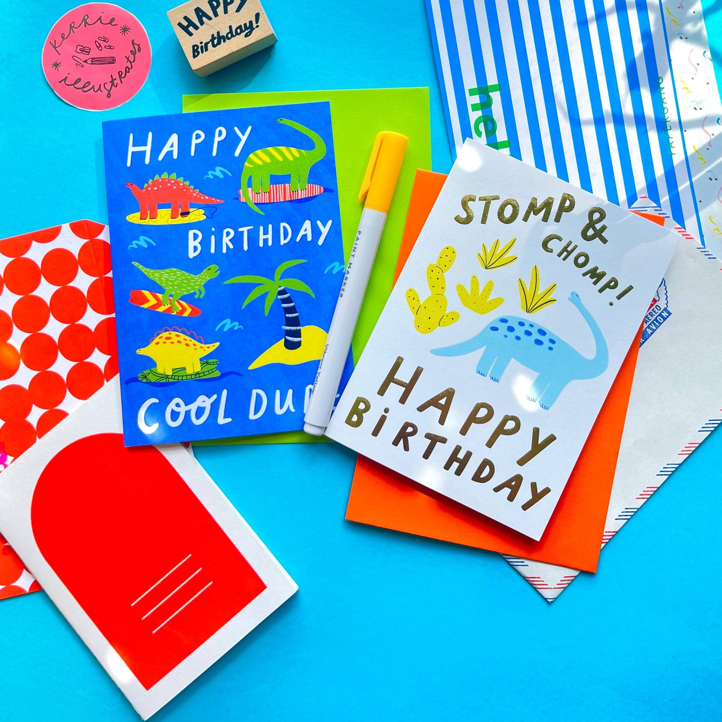 Stomp & chomp blue and yellow dinosaur boy birthday card