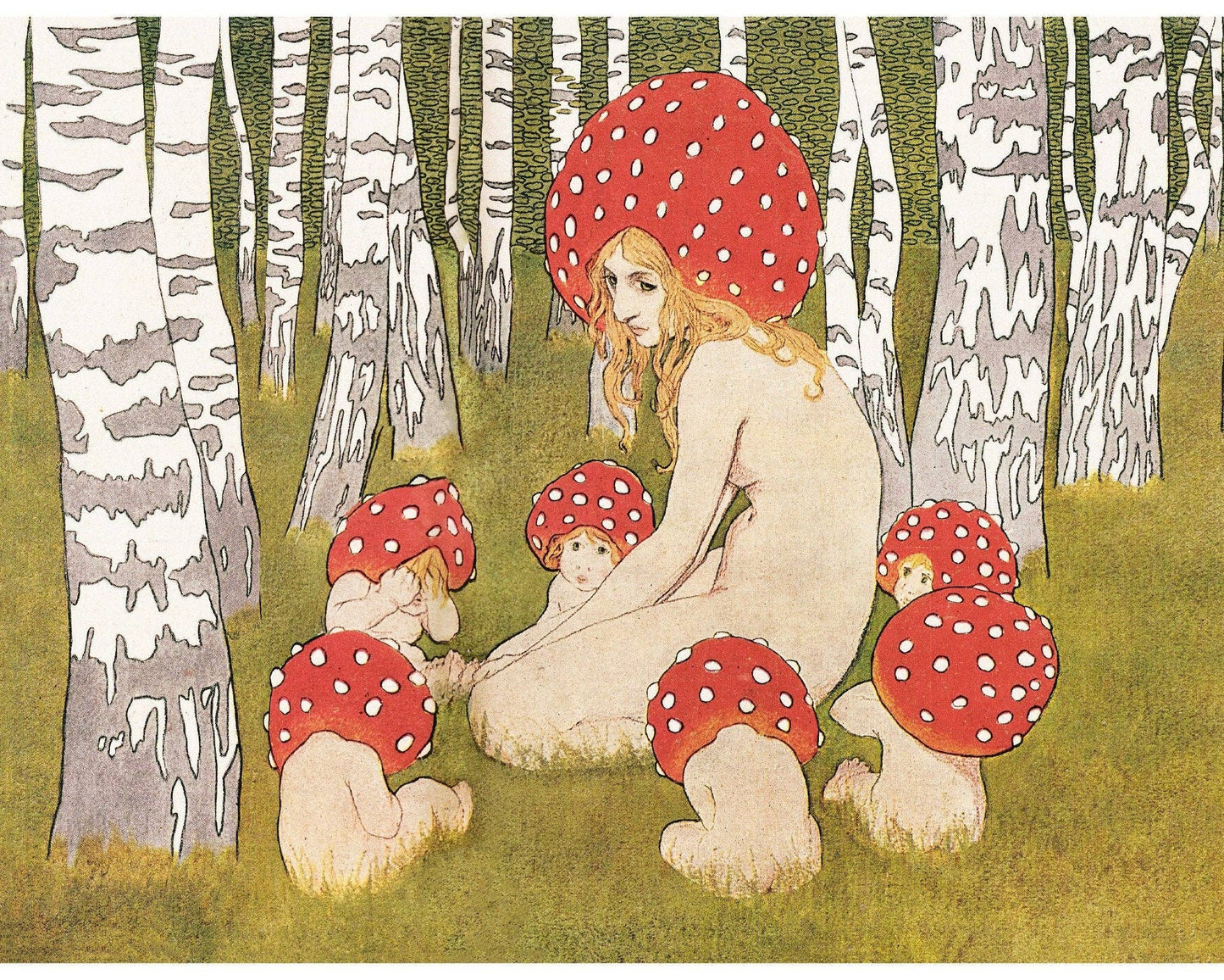 Vintage Mother Nature fine art print | Mother Mushroom and her children | Antique woodland wall art | Fairytale painting | Magical forest: A4