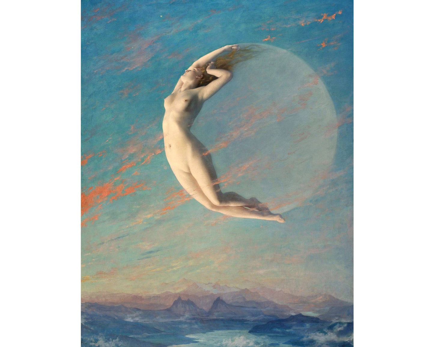 Moon goddess art print | Selene | Albert Aublet | Vintage nude woman | Art nouveau wall art | Celestial painting: A4