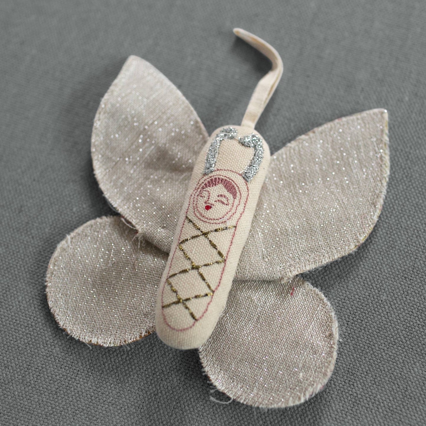 Sleepy Moth - Cotton Filled Ornament, Kantha Wings