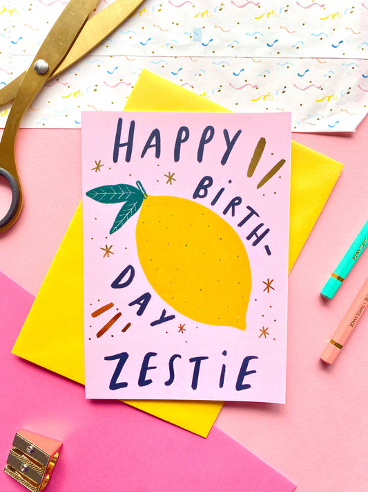 Happy Birthday Zestie Gold Greetings Card