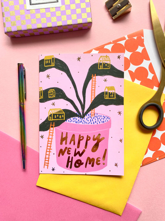 Happy New Home House Plant Gold Greetings Card