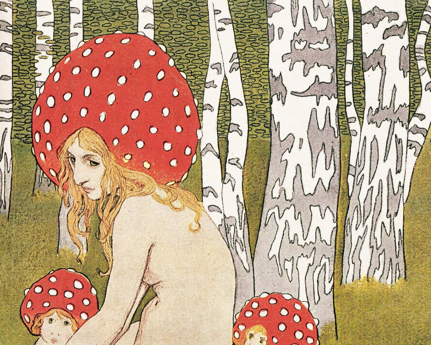 Vintage Mother Nature fine art print | Mother Mushroom and her children | Antique woodland wall art | Fairytale painting | Magical forest: A4