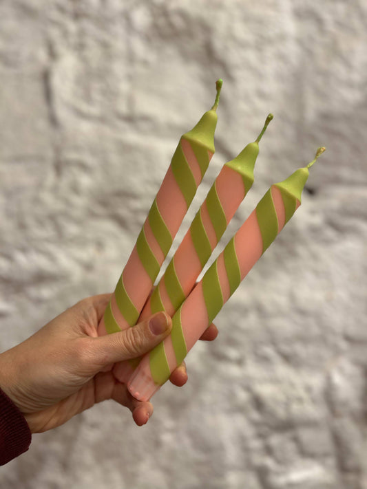 Helter Skelter Taper Candle - Peach/Lime double stripe