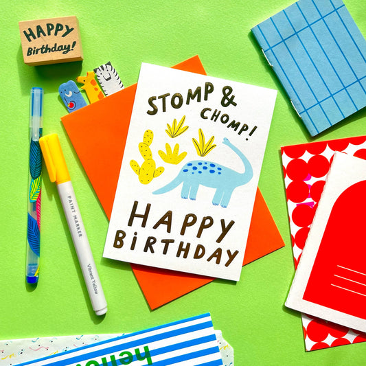 Stomp & chomp blue and yellow dinosaur boy birthday card