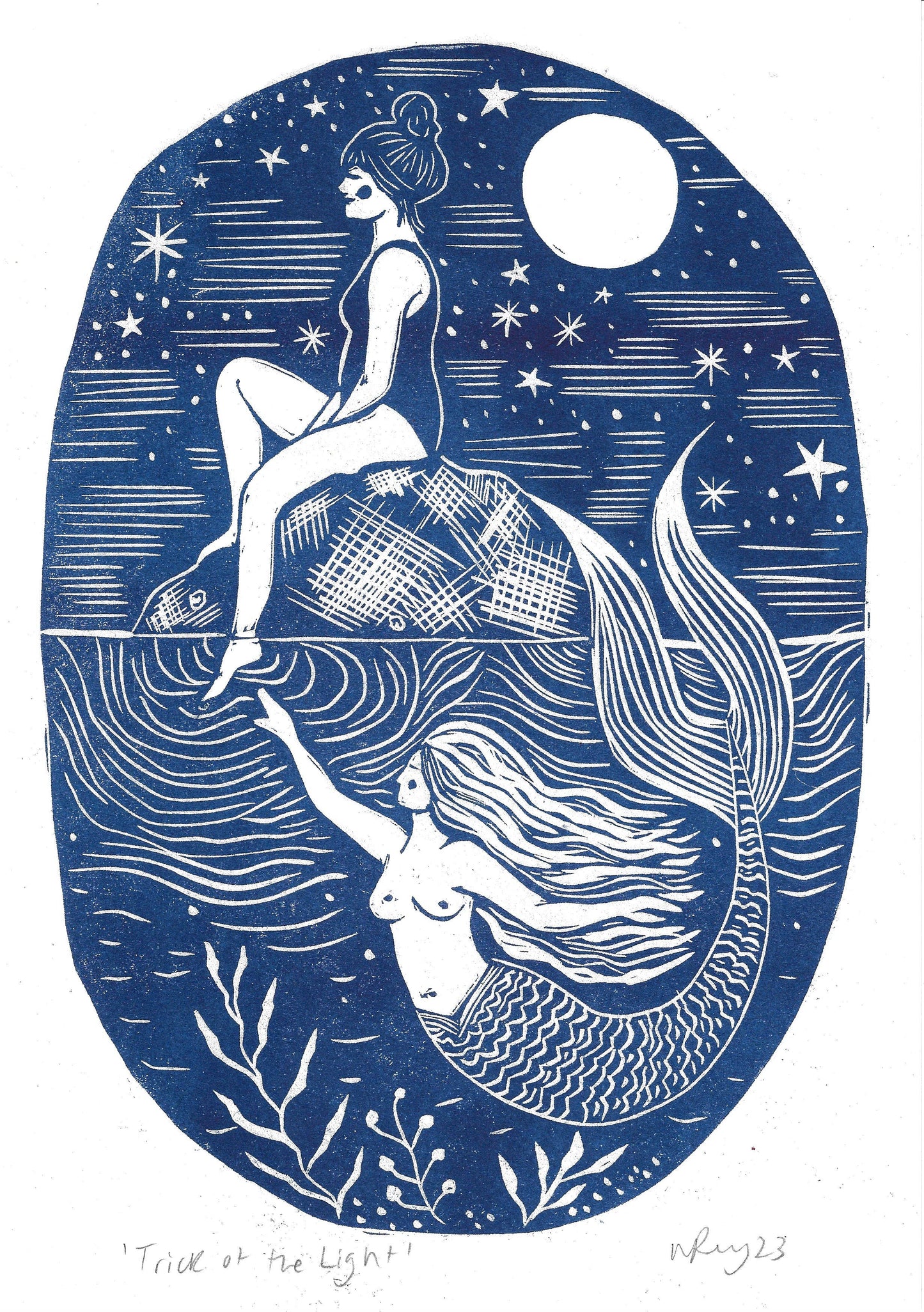 Trick of the Light riso print, mermaid, swimmer, seaside