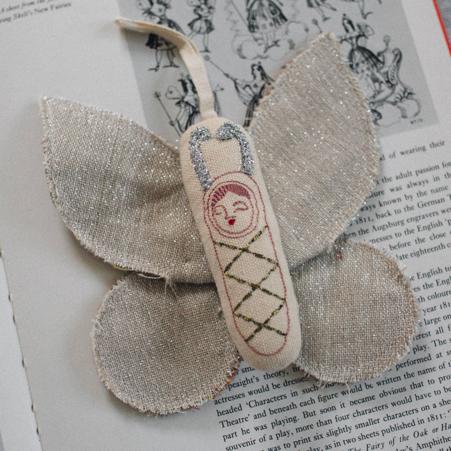 Sleepy Moth - Cotton Filled Ornament, Kantha Wings