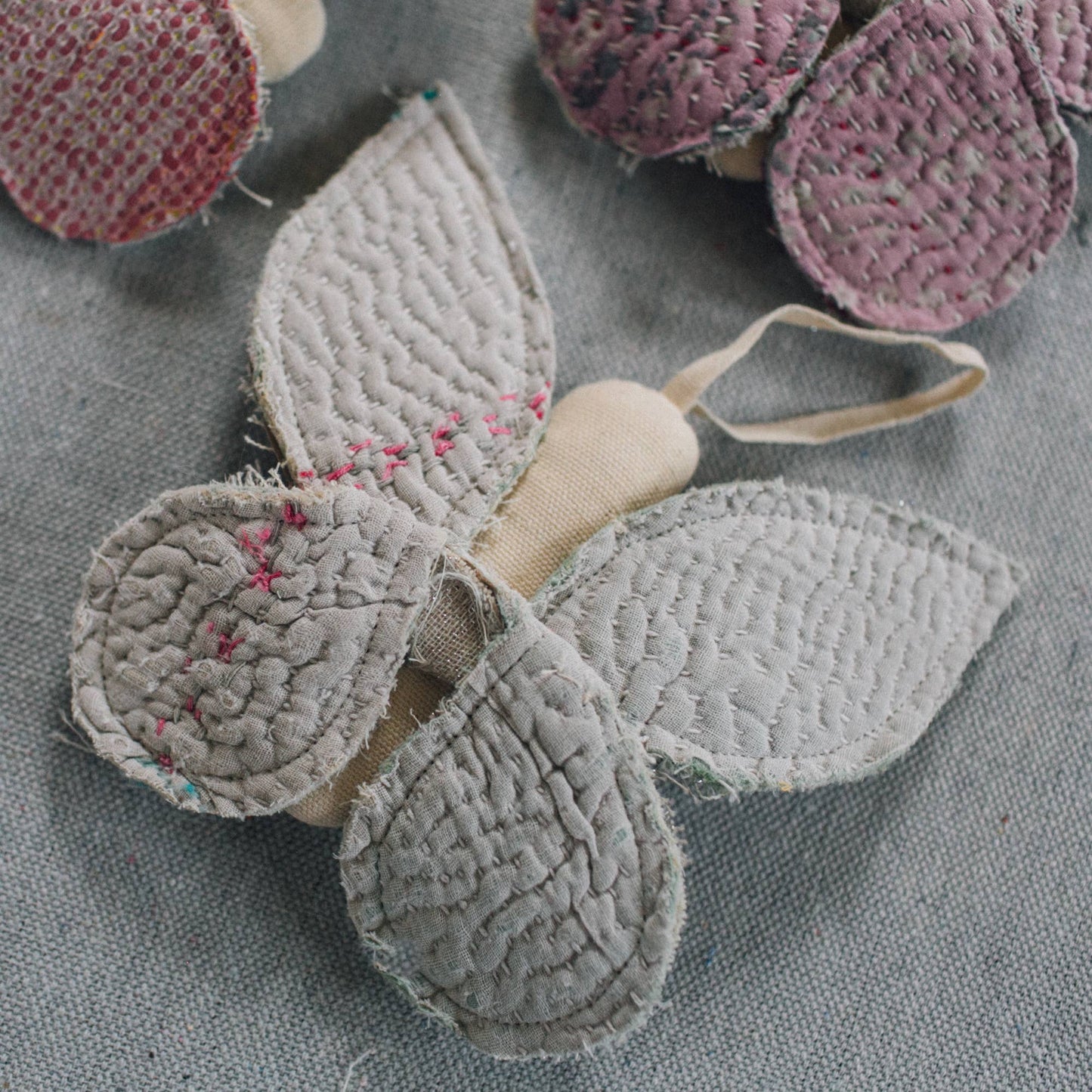 Sleepy Moth - Cotton Filled Ornament, Kantha Wings