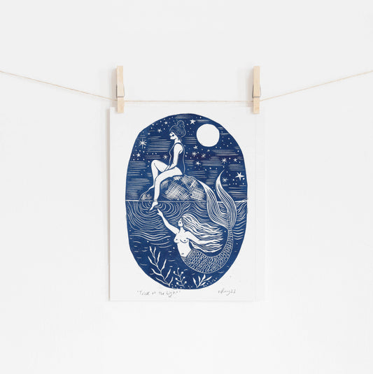 Trick of the Light riso print, mermaid, swimmer, seaside