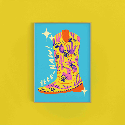 Colourful Patterned Cowboy Boot Art Print: A3