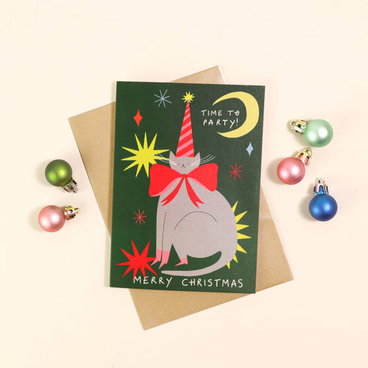 Time To Party Christmas Card | Cat Card | Party Hat | Moon