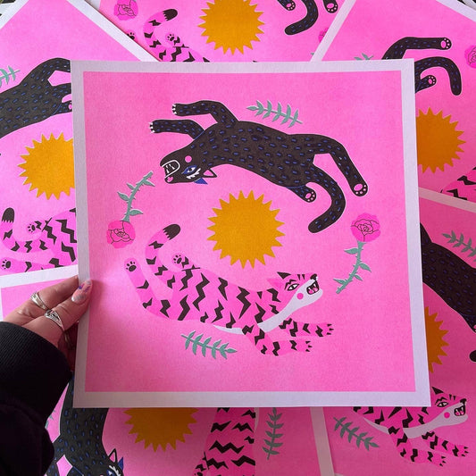 Leaping Cats Square Risograph Print